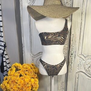 Forever 21 Black and Bronze  Zebra Print Two Piece Bikini Set
